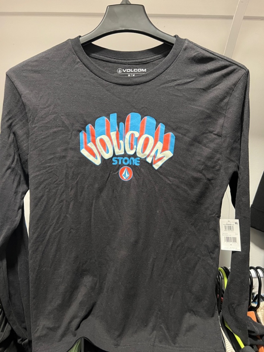 Volcom Black Long Sleeve Logo Tee with Blue and Red Graphic